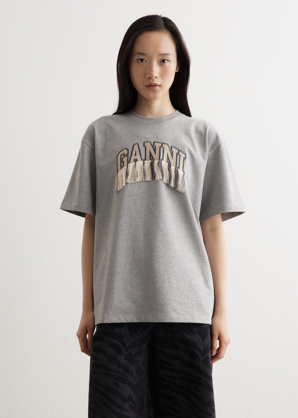 Ganni -  Heavy Cotton Drop Shoulder Fringe T-Shirt - Tshirt logo