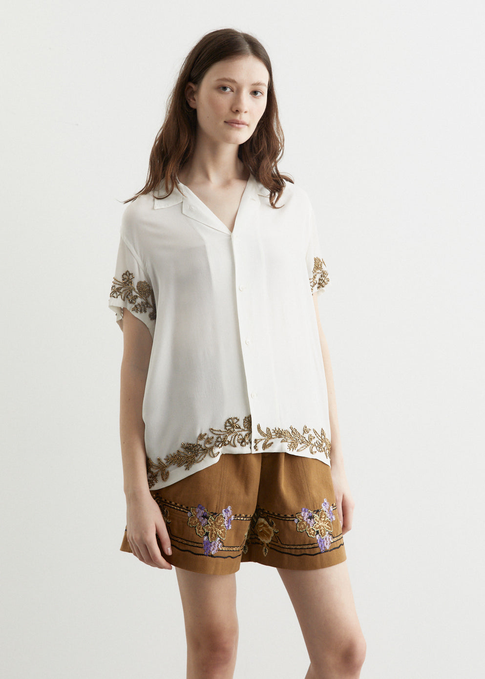 Bode -  Beaded Wheat Flower Short-Sleeve Shirt - Shirt