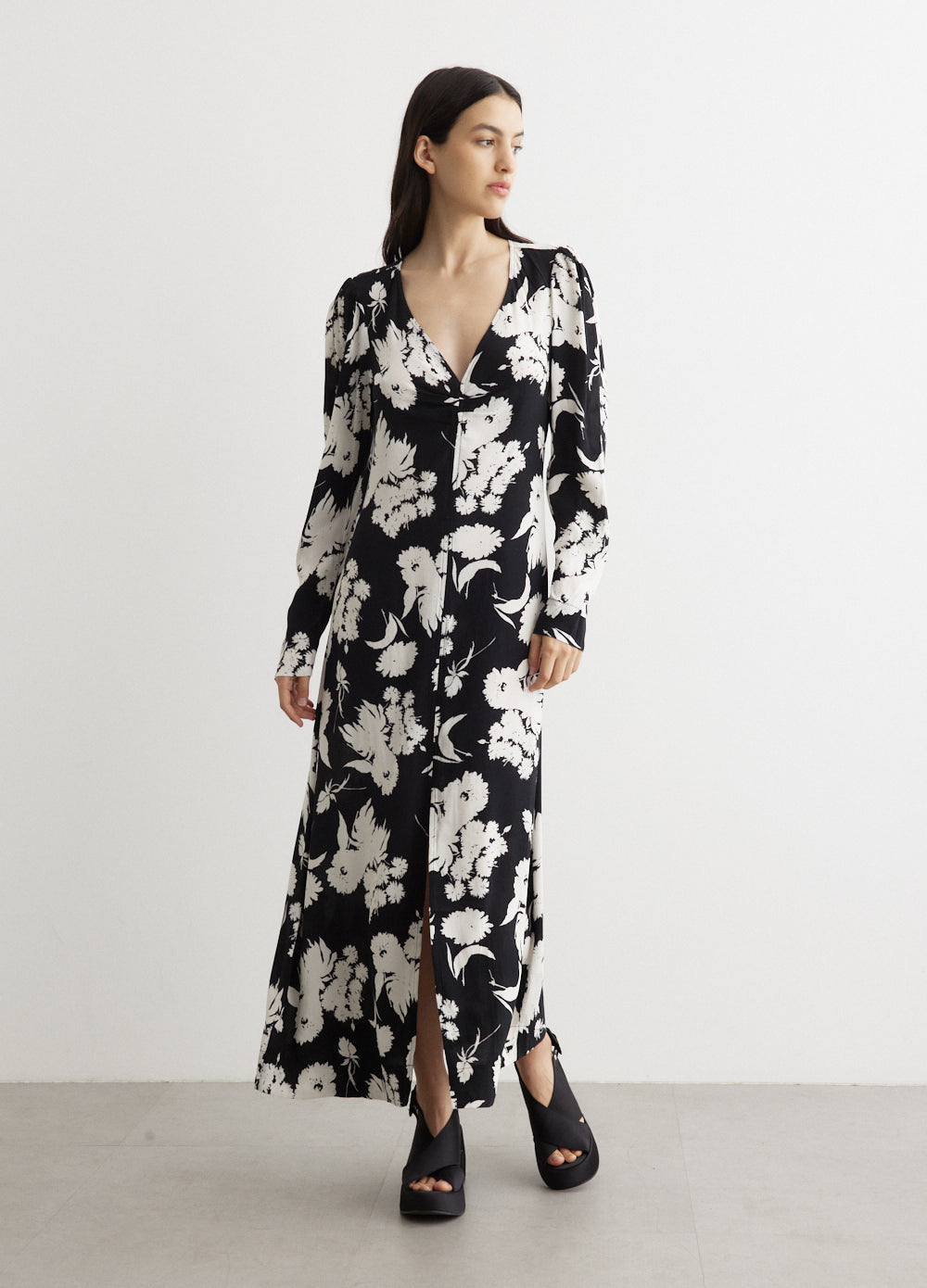 Printed Crepe V Neck Dress