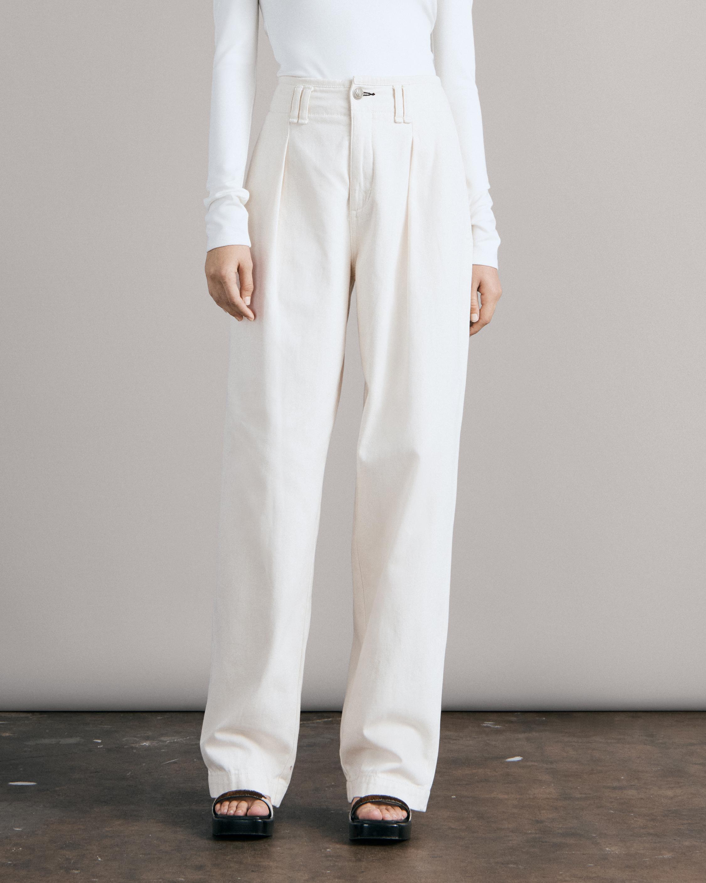 Off-White Herringbone Pleated Fellini Pants in Linen Cotton