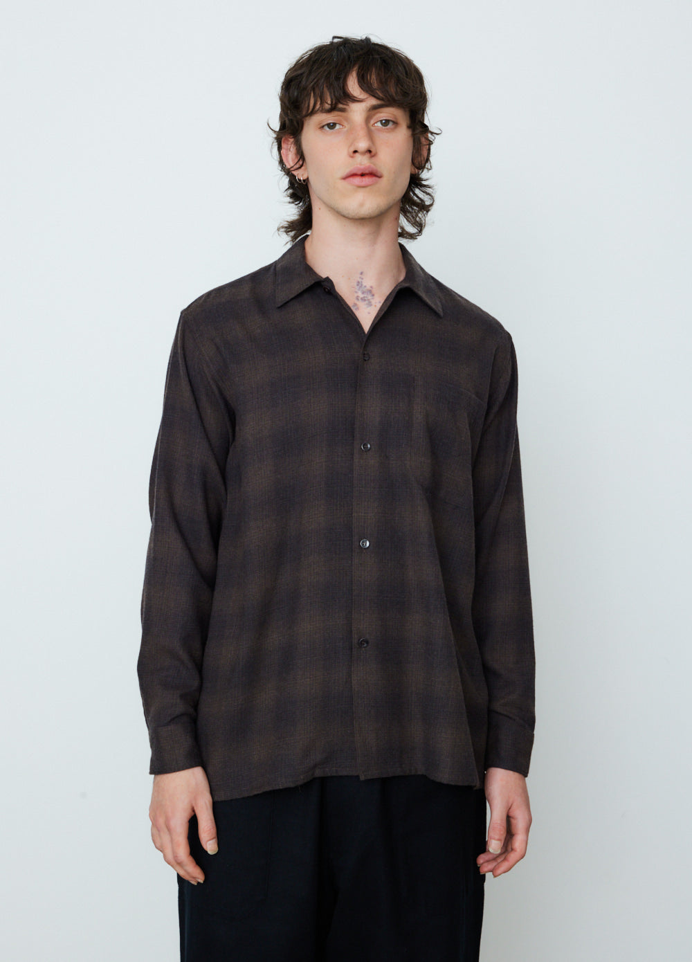 Wool Check Open Collar Shirt