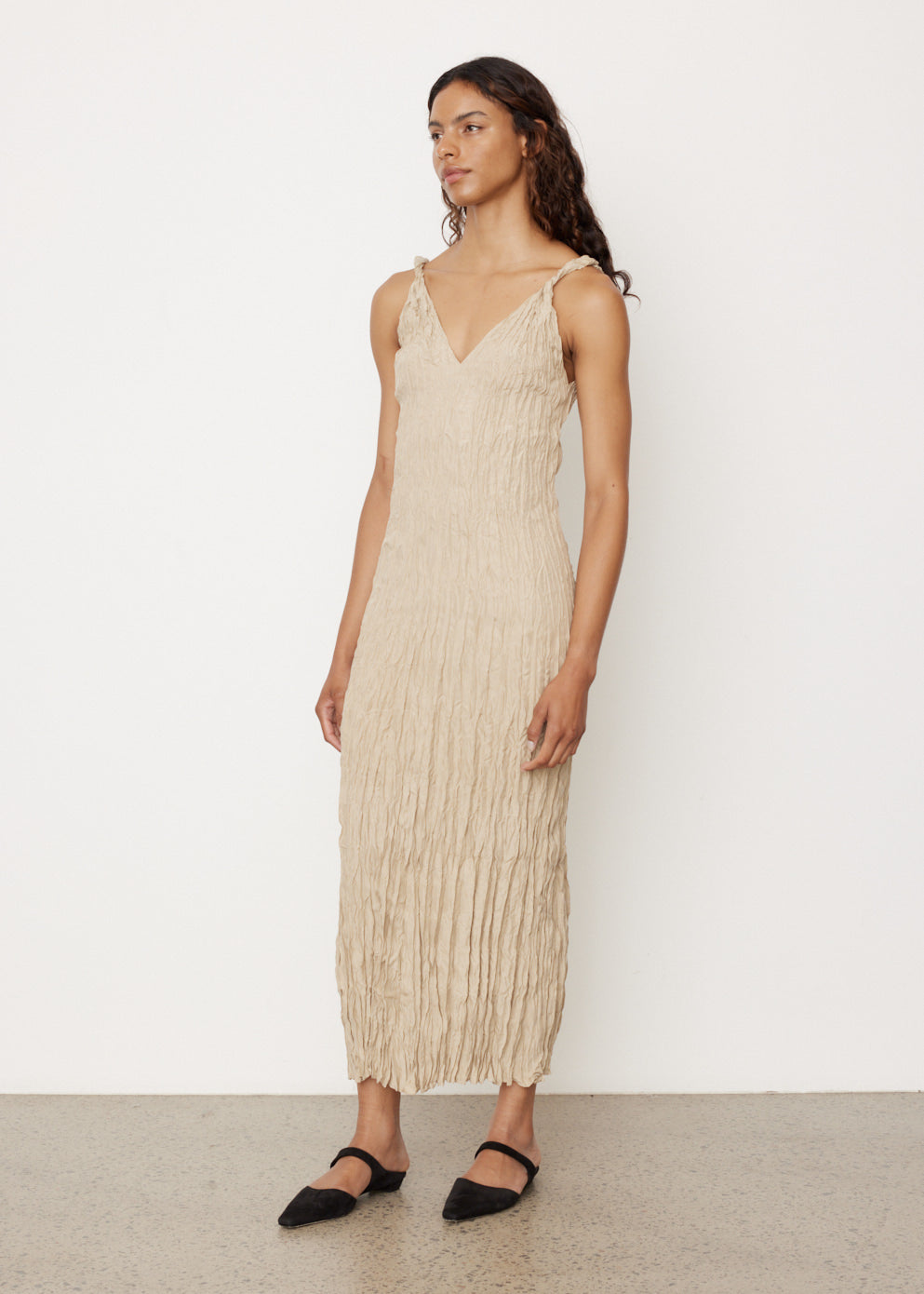 Twist-Strap Crinkled Silk Dress