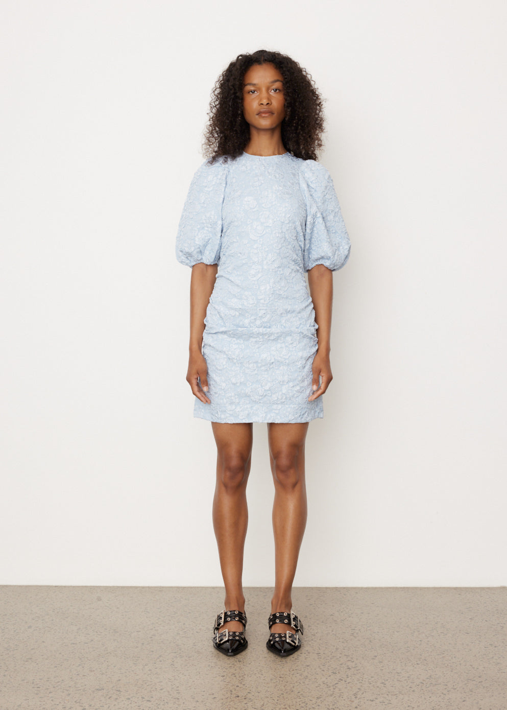 Stretch Jacquard Puff Sleeves Mini Dress