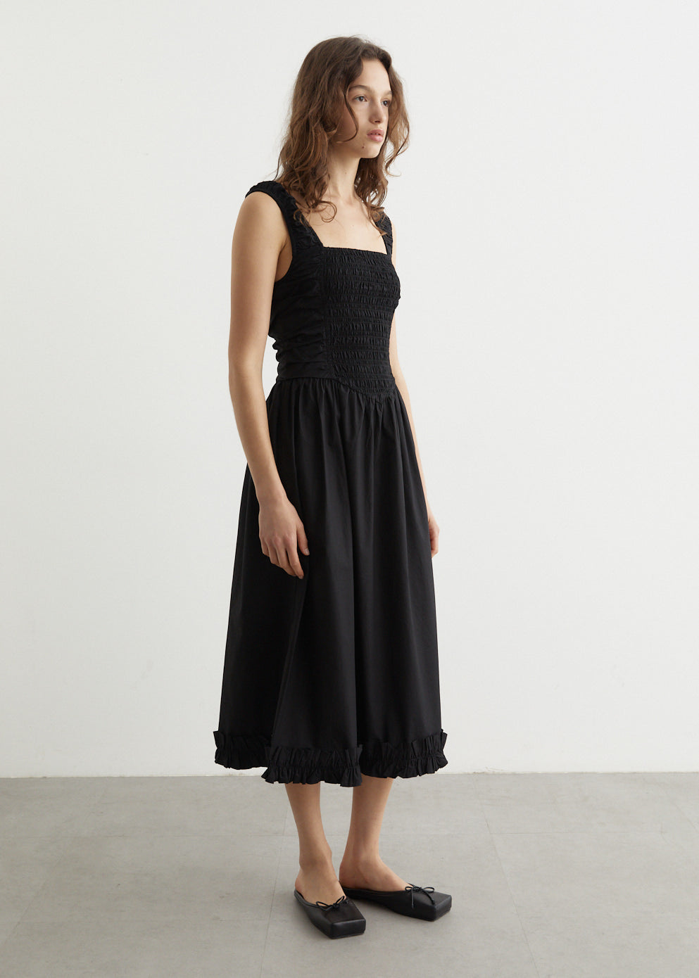 Cotton Poplin Midi Strap Smock Dress