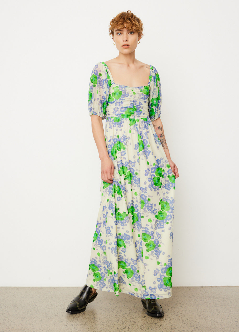 Ganni printed mesh maxi dress hotsell