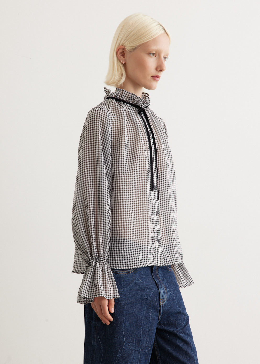 Sheer Fluid Check Tie String Shirt