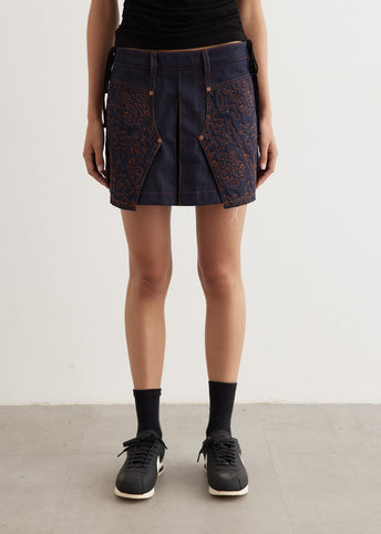 Embroidery Panel Pleated Denim Skirt