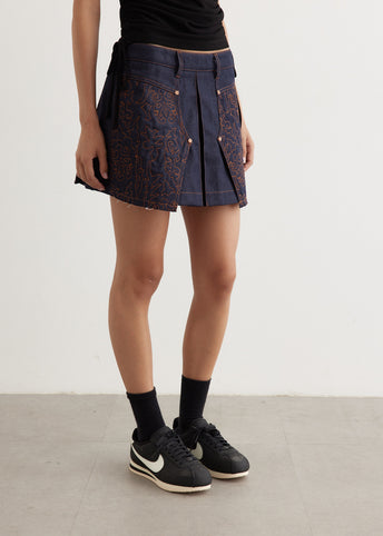 Embroidery Panel Pleated Denim Skirt