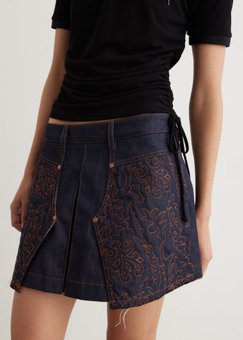 Embroidery Panel Pleated Denim Skirt