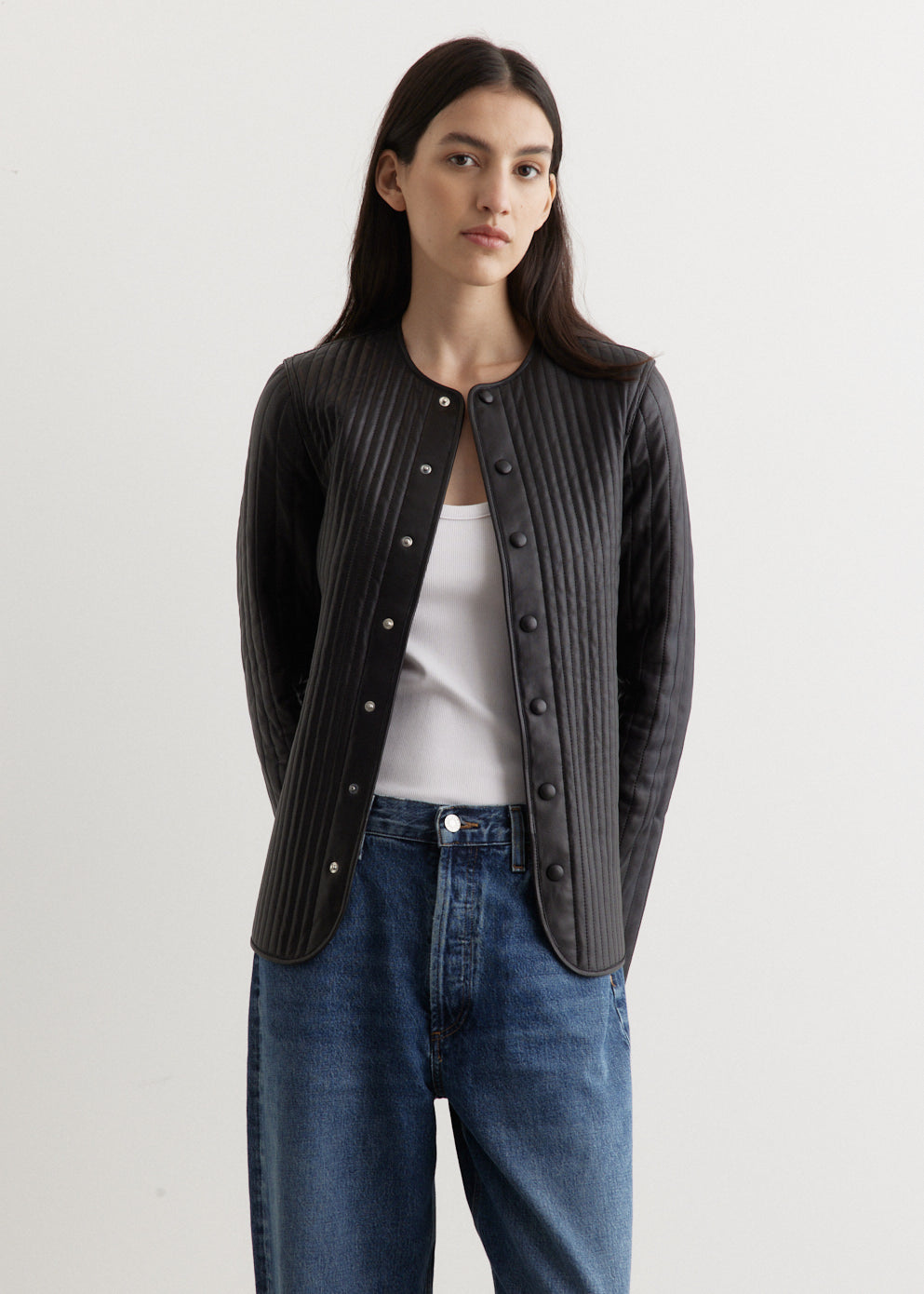 Linear-Quilted Leather Jacket