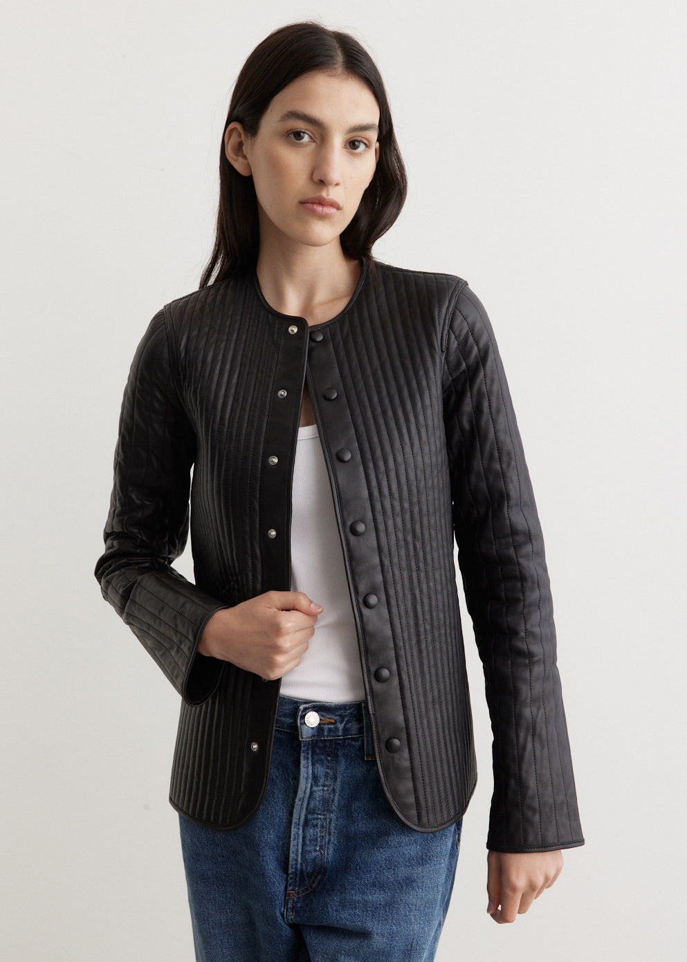 Linear-Quilted Leather Jacket