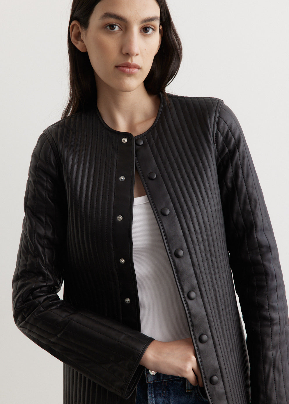 Linear-Quilted Leather Jacket