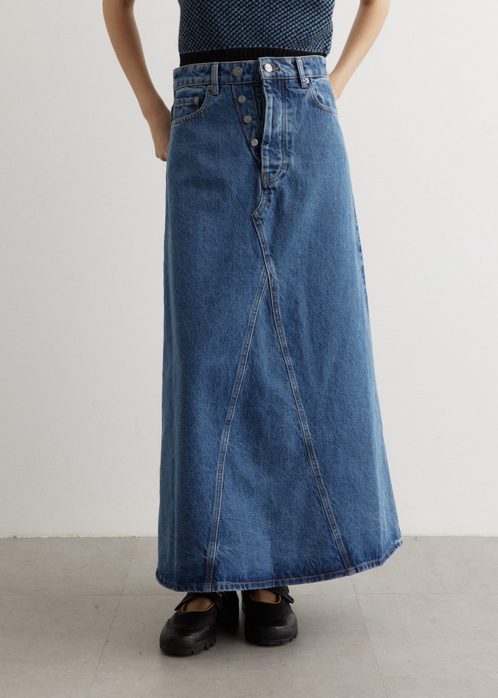 Overdyed Cutline Denim Double Fly Maxi Skirt