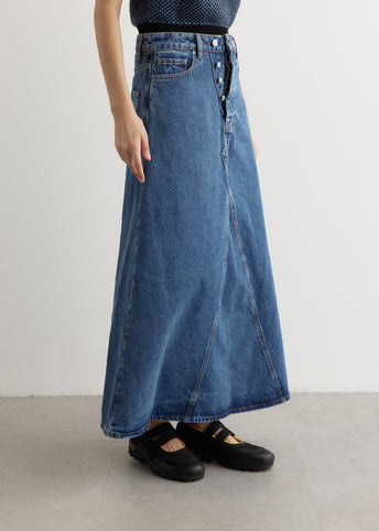 Overdyed Cutline Denim Double Fly Maxi Skirt