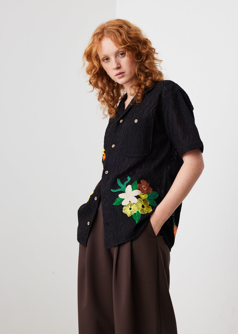 Flower Embroidered Open Collar Shirt