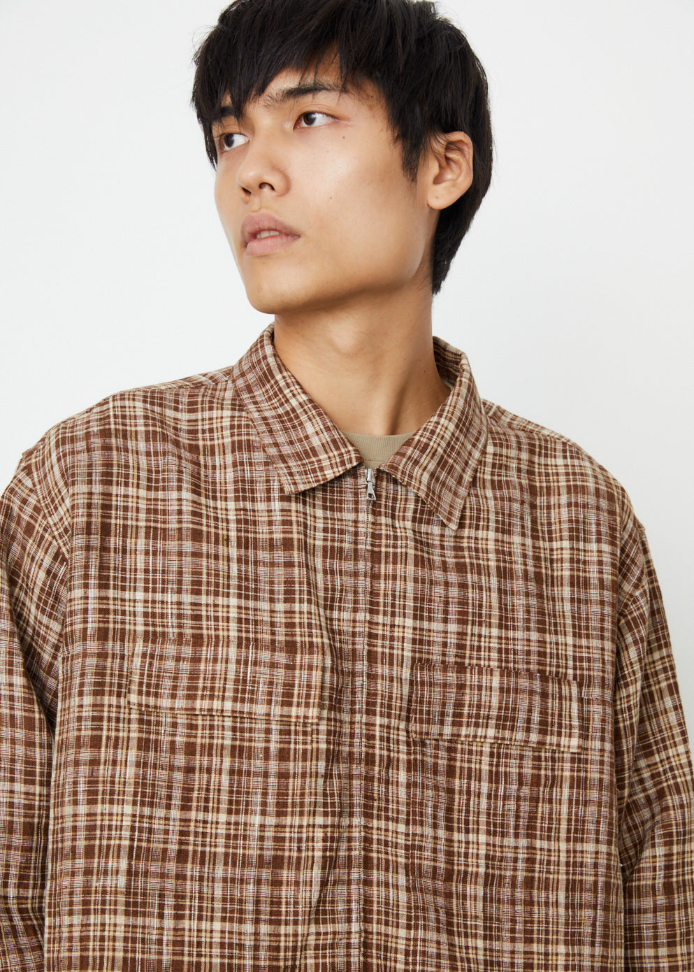 Linen Silk Check Zip Blouson