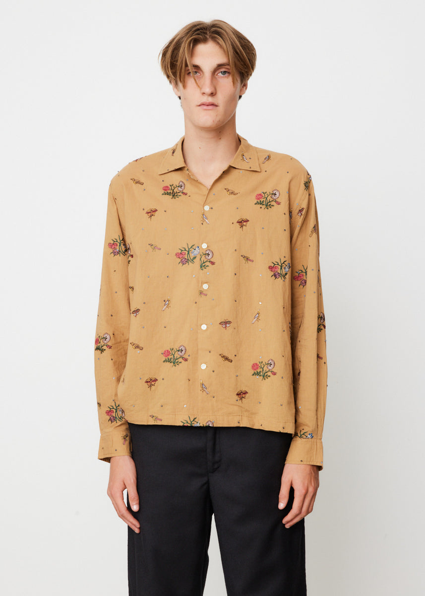 Bode Micro Bird Embroidered Short Sleeve Button Up Shirt, Brown, Women's, Small / Medium, Shirts Tops Blouses Button Down Shirts