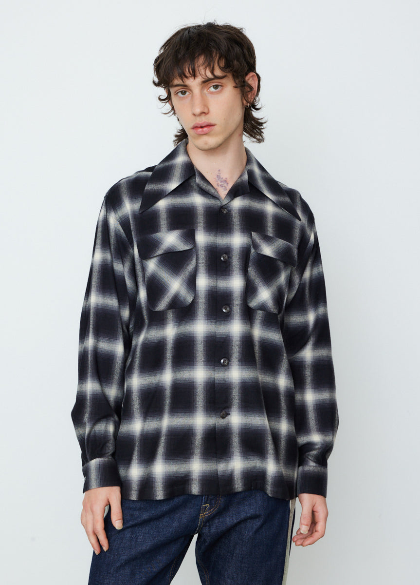 Cotton Rayon Shadow Check Large Pointed Collar Board Shirt