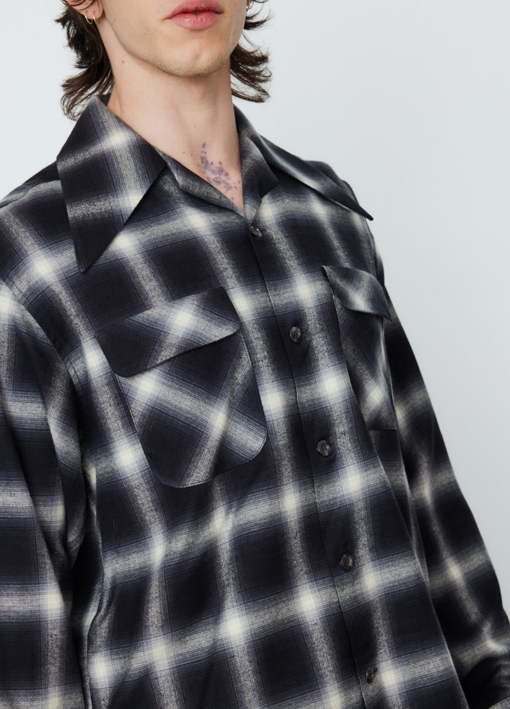 Cotton Rayon Shadow Check Large Pointed Collar Board Shirt