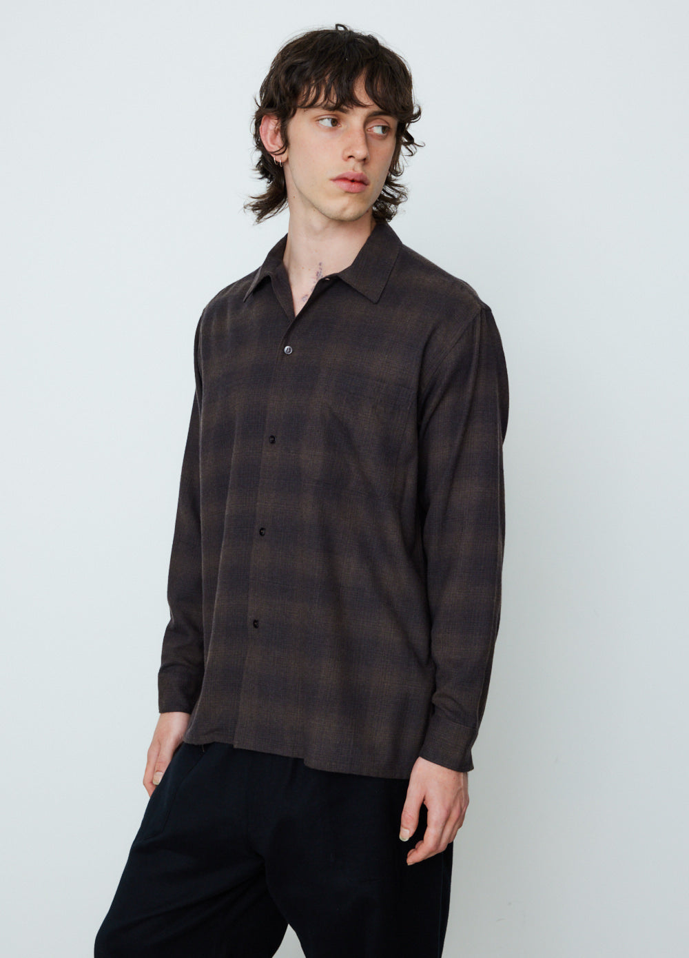 Wool Check Open Collar Shirt