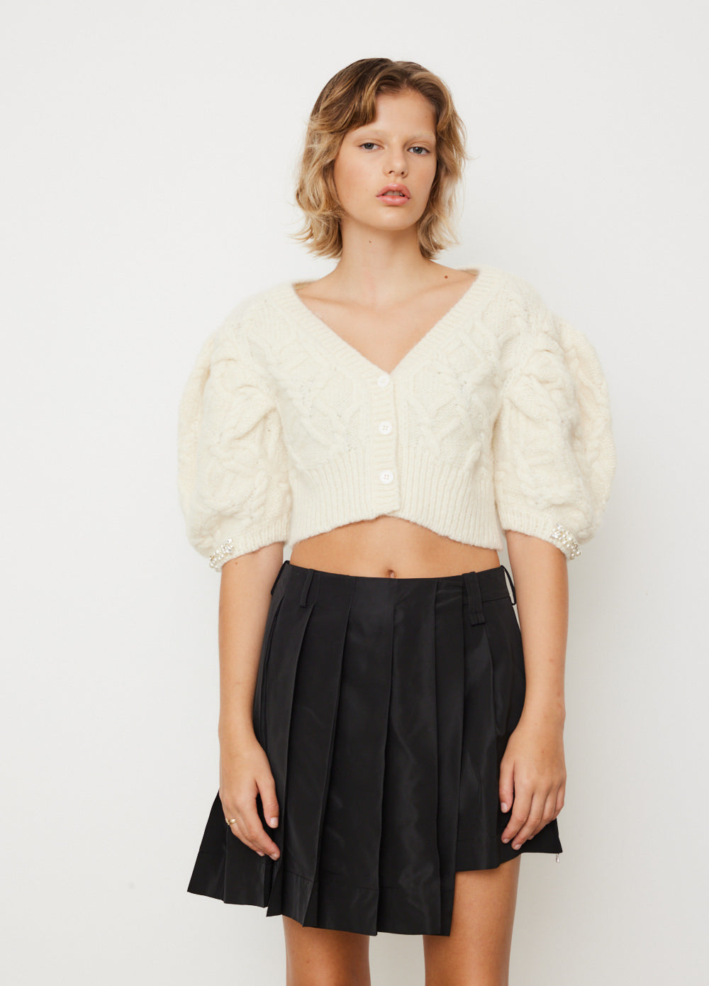 Cropped Short Puff Sleeve Cardigan With Beading